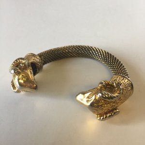 Twin Ram Head Figural Whimsical Gold Mesh Sculptural Cuff Bracelet Vintage